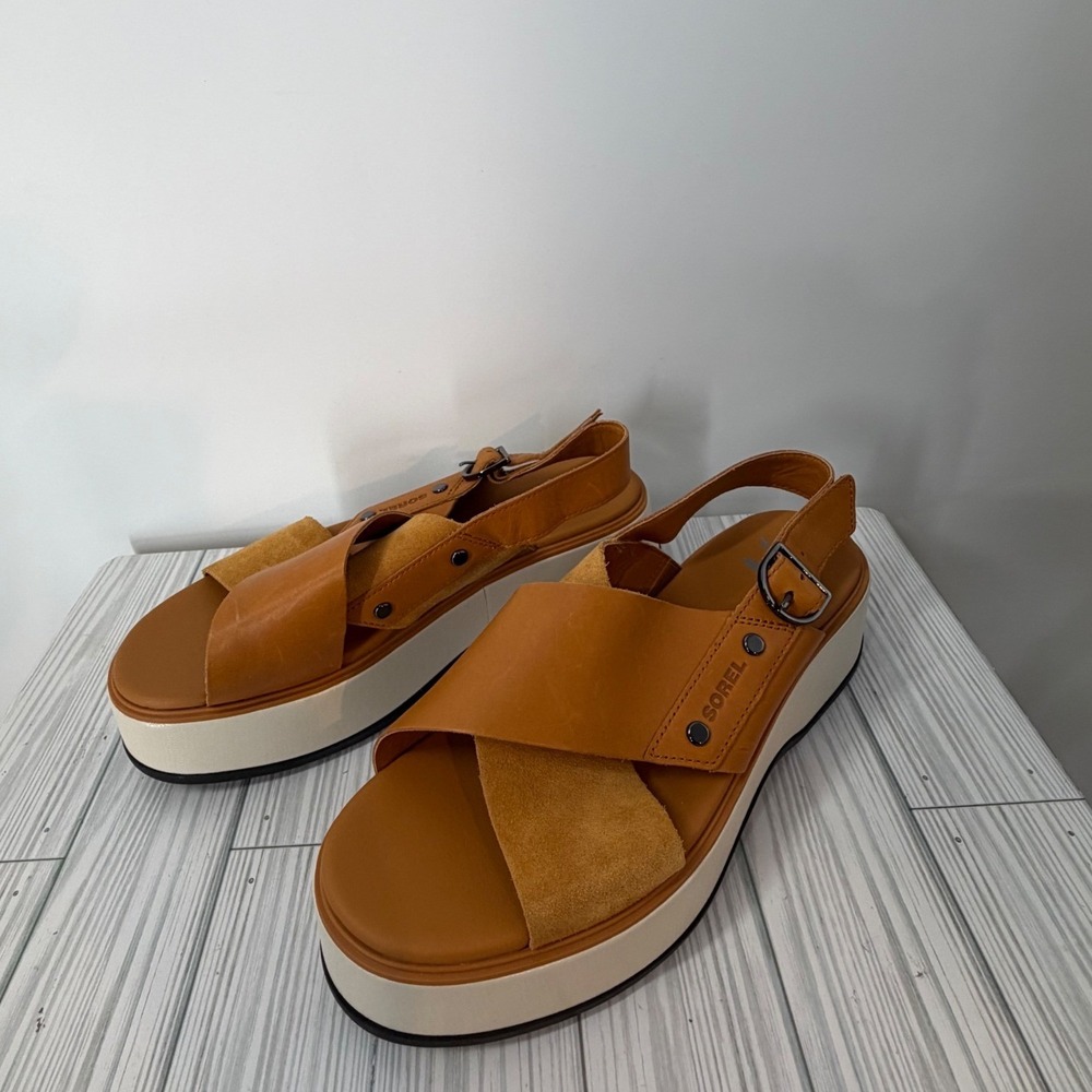 Sorel Rein Crisscross Chunky Flatform Sandals Tan Leather Suede Women 9